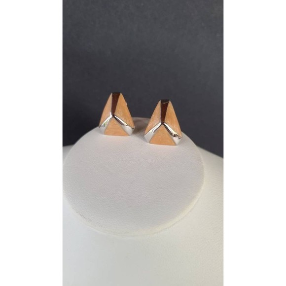 Triangular Silver and Apricot Screwback Earrings - Picture 5 of 10